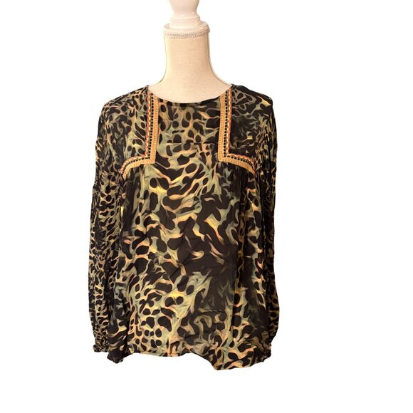 Anthropologie Blank London Joelle Leopard Peasant Blouse L large green gold - Picture 5 of 10
